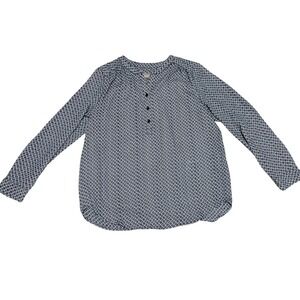 Chicos Women M Bicolor Basket Long Sleeve Popover Blouse Midnight Blue White NWT